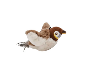 A small plush bird toy with brown and white feathers, a yellow eye ring, and a dark beak, shown against a plain white background.