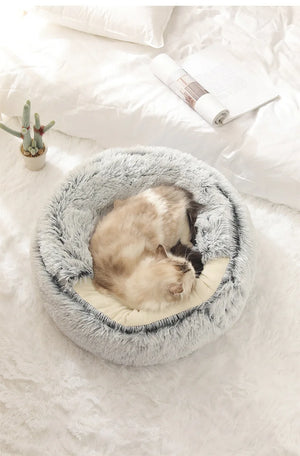 Cat sleeping in a fluffy gray pet bed on a white surface