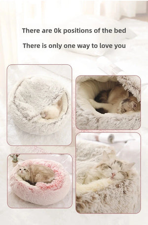Fluffy pet bed with a cat inside, surrounded by text.