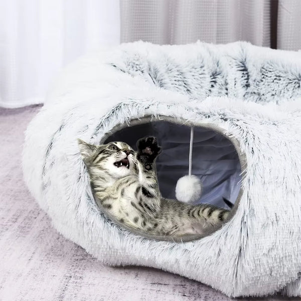 Winter New Arrival Plush Cat Tunnel Bed Foldable Two-In-One round Warmth Pet Nest Thickened Cozy Cuddly Cat Hideaway